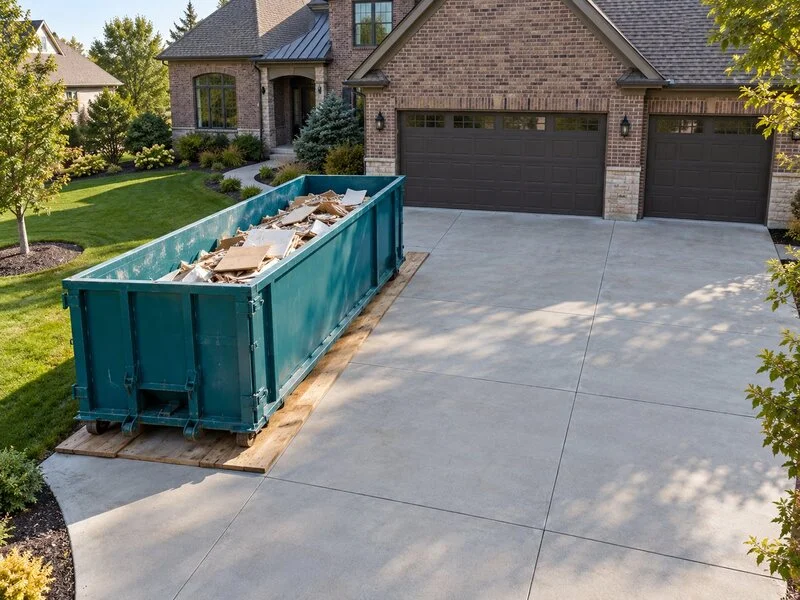 Residential roll-off dumpster filled with debris and placed on boards beside a garage