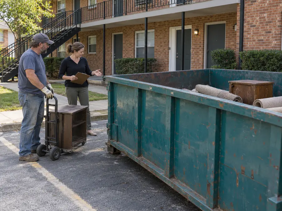Property staff loading furniture and carpet into a dumpster during an apartment cleanout