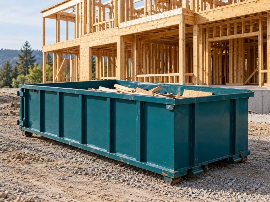 Roll-off dumpster filled with lumber beside a framed house under construction