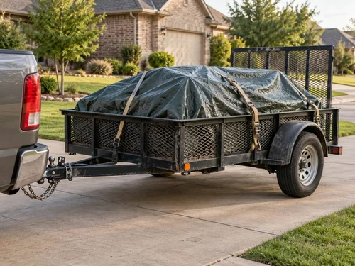 Covered utility trailer hitched to a pickup on a residential driveway