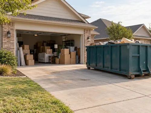 Roll-off dumpster beside an open garage containing boxes and household belongings