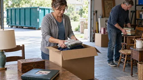 Family sorting household belongings with an estate cleanout dumpster outside