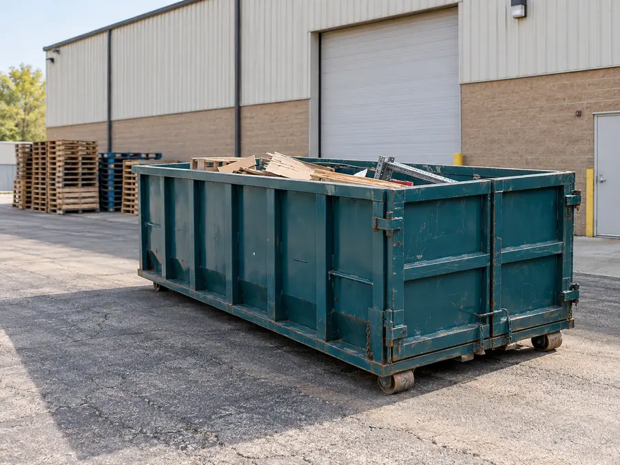 Commercial roll-off dumpster holding wood debris beside a warehouse in the Lawton rental guide