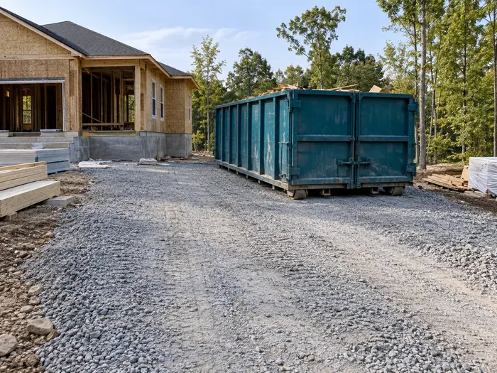 Roll-off dumpster placed on a gravel driveway beside a house under construction