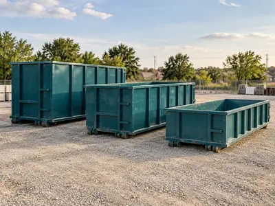 Three teal roll-off dumpsters of different sizes